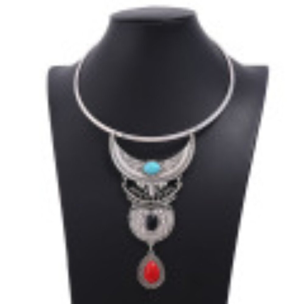 #046 Multi-layer Vintage Faux Turquoise With Diamonds Bohemian Necklace